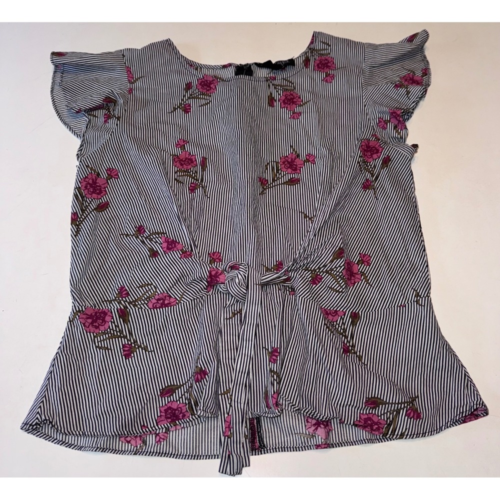 Sweet Wanderer Striped Floral Peplum Top Black White Pink Cotton Size M TB2538C
